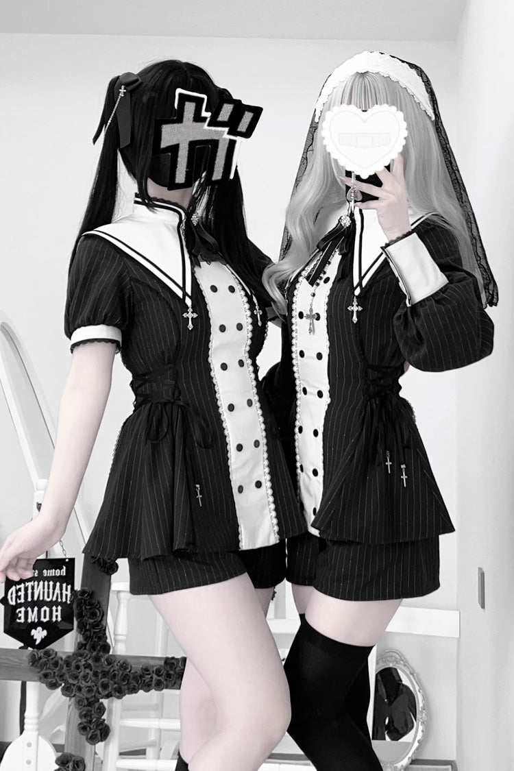 Offbeat Confession Printed Ruffled Bow Gothic Jirai Kei Dress Shorts Set
