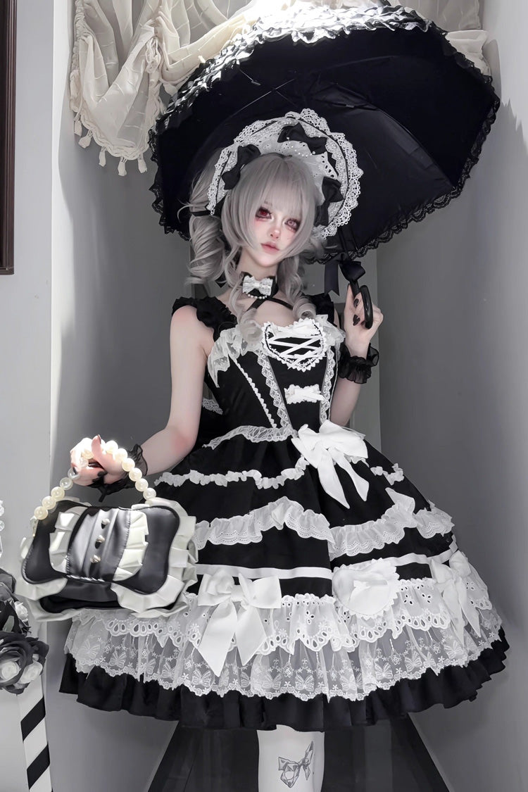 Black/White Super Cute Belia Sleeveless Triple-Layered Ruffled Bow Lace Gothic Elegant Lolita JSK Gown