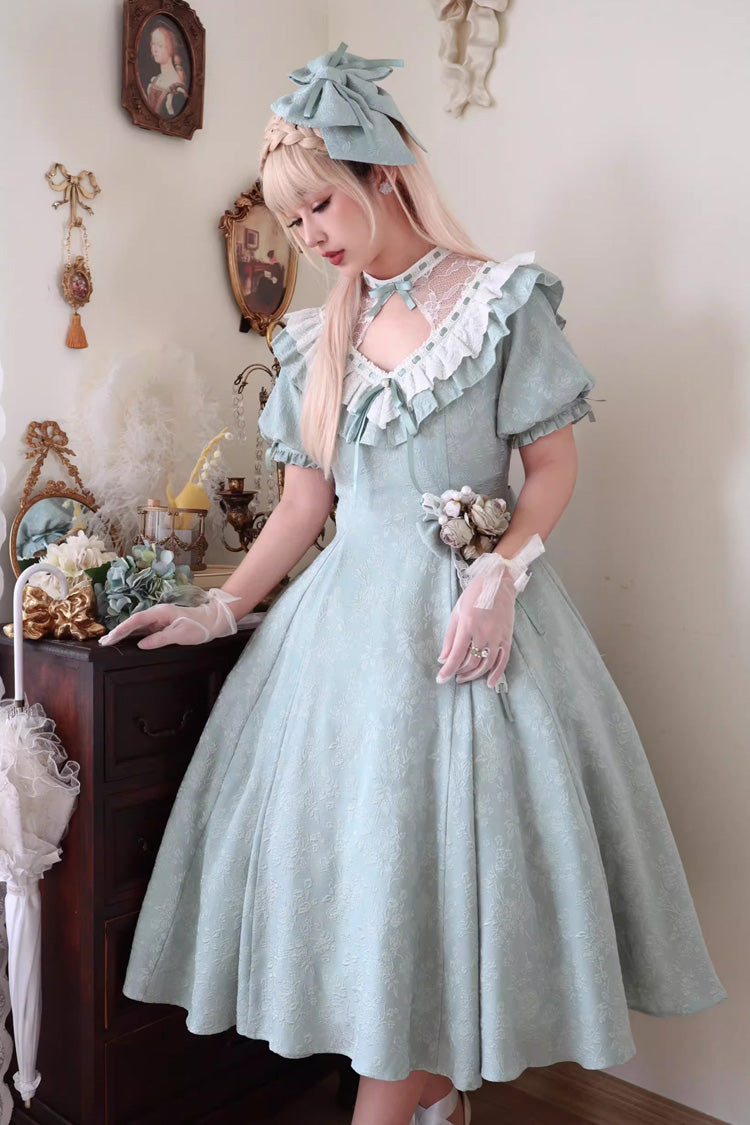 Green Short Sleeve Ruffle Bowknot Sweet Princess Dress