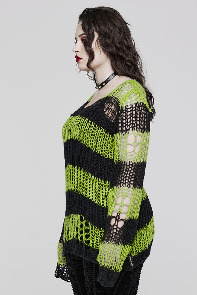 Gothic Striped Sweater - Ripped, Irregular Hem, 4 Shades