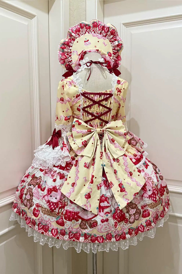 Yellow/Red Sweet Lolita OP Dress Half Sleeves Bow Lace Lace-Up - Sweet Berry Bunny Bear
