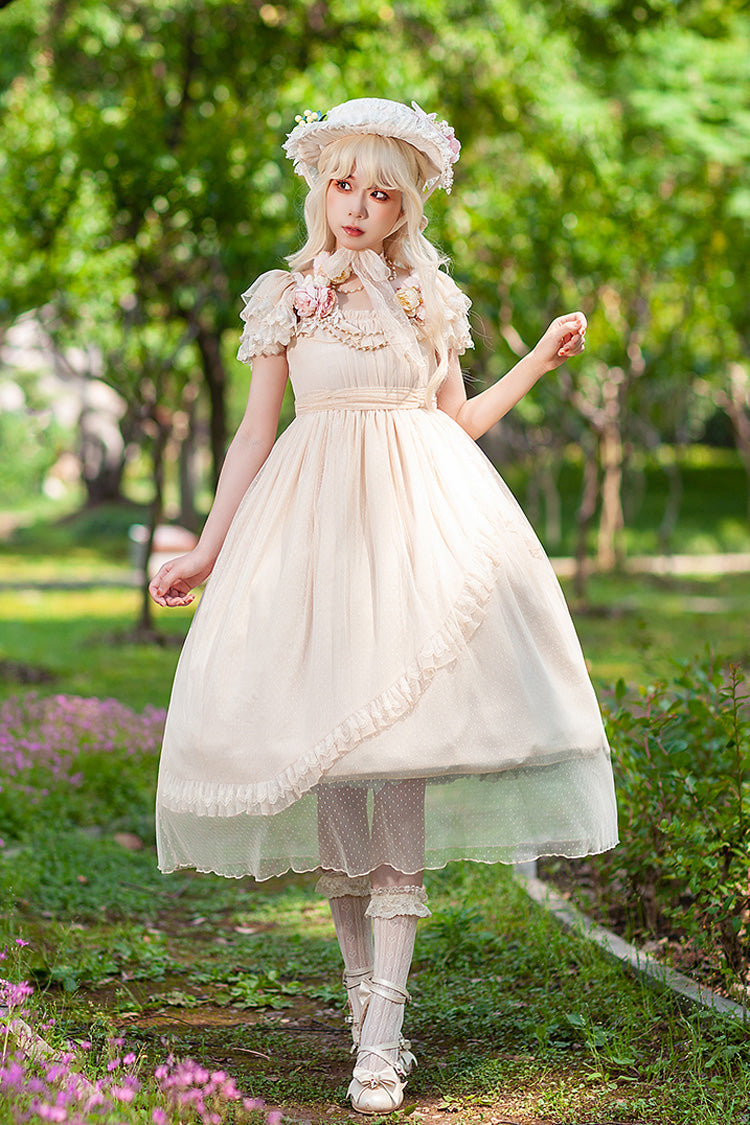 Apricot Elegant Lolita Dress with Polka Dot Print Ruffles Bowknot and Asymmetric Sweet Style
