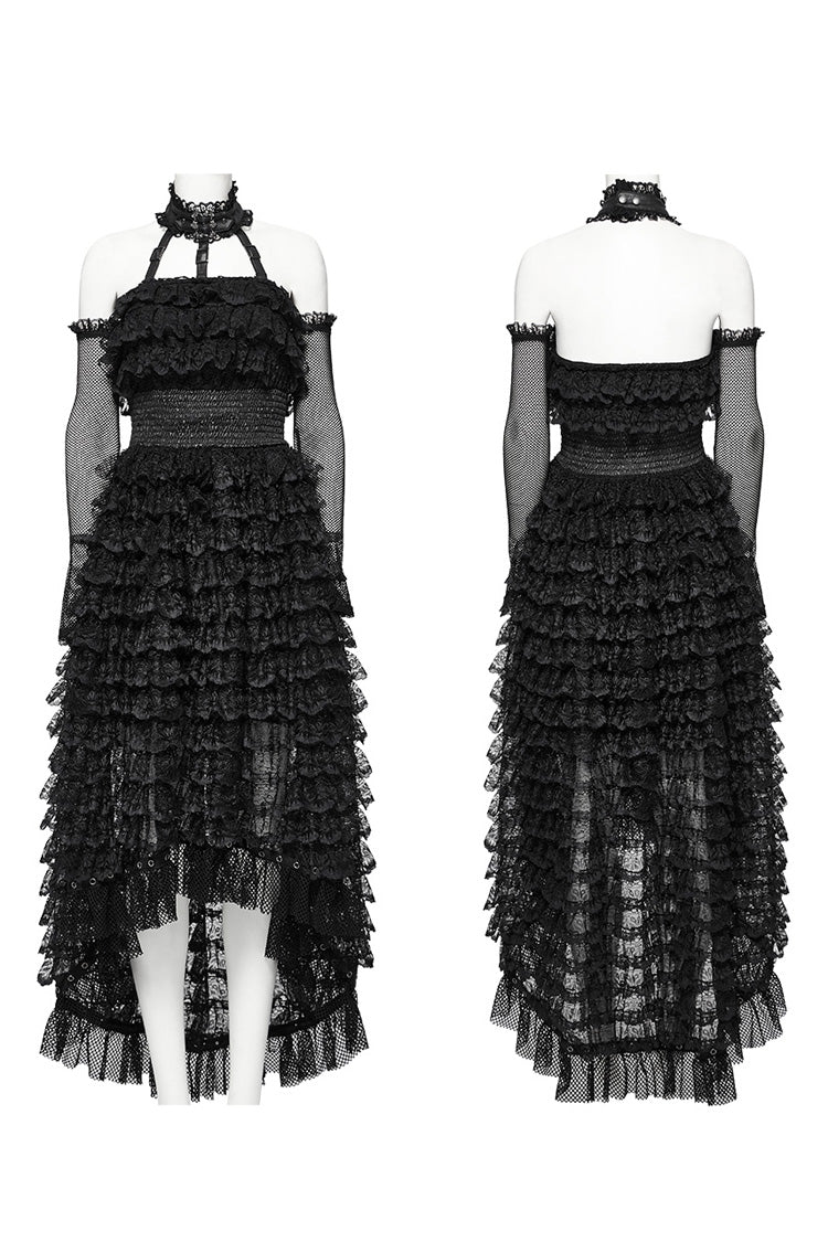 Soft Black Ruffle Lace Long Sleeve Halter Punk Dress