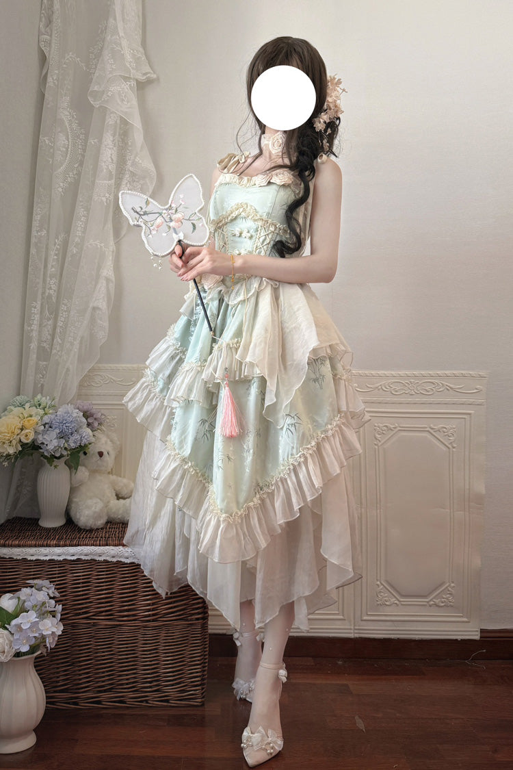 Green Tea Bamboo Song Sleeveless Jacquard Ruffle Bow Lace Chinese Ballet Jsk Dress