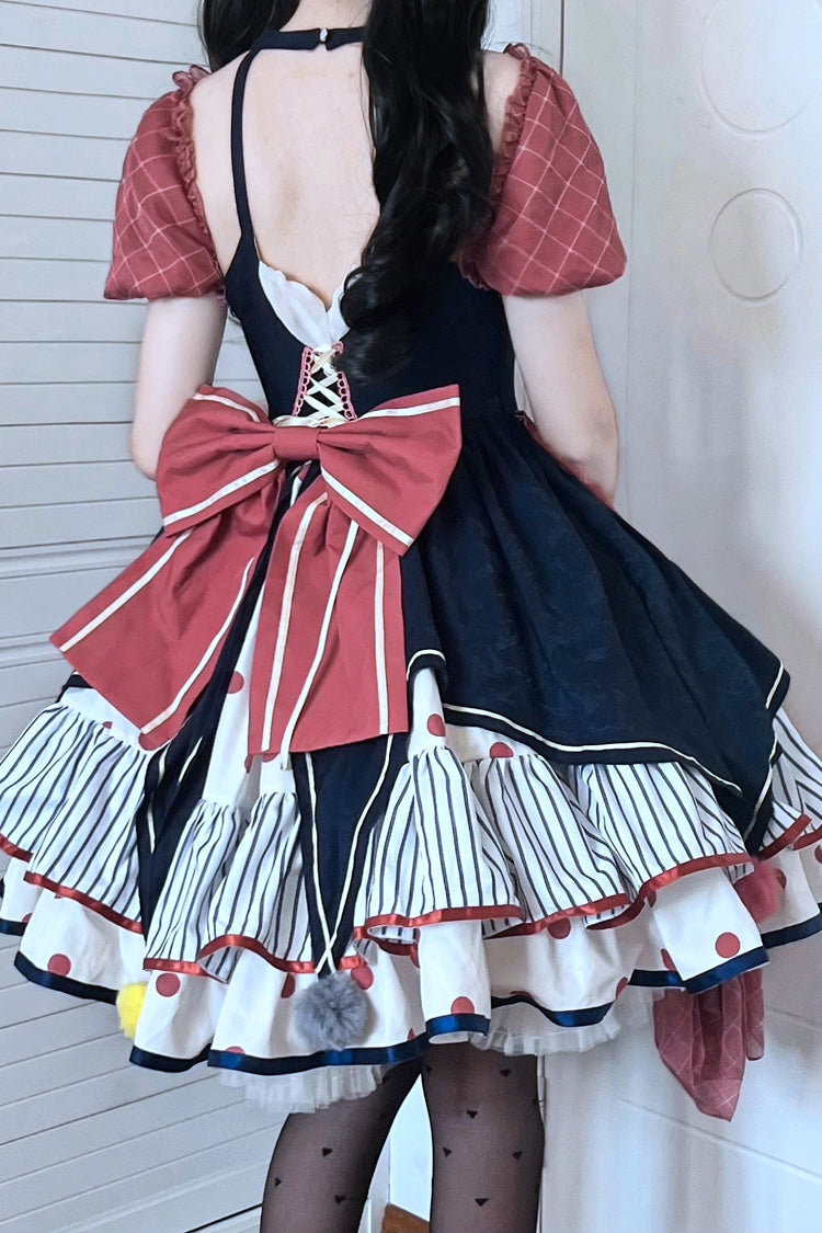 Multicolor Circus Print Puff-Sleeved Lolita Dress with Bow Accents