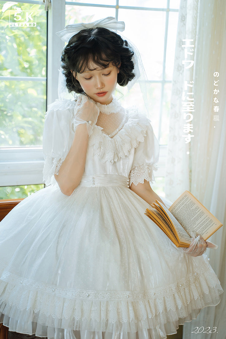 White Layered Ruffle Hanayome Hollow Bow Lace Vintage Gorgeous Lolita Dress