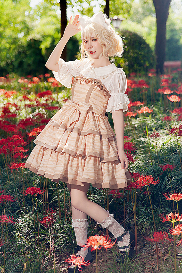 Sweet Apricot Triple-Layer Print Ruffle Bow Lolita Dress