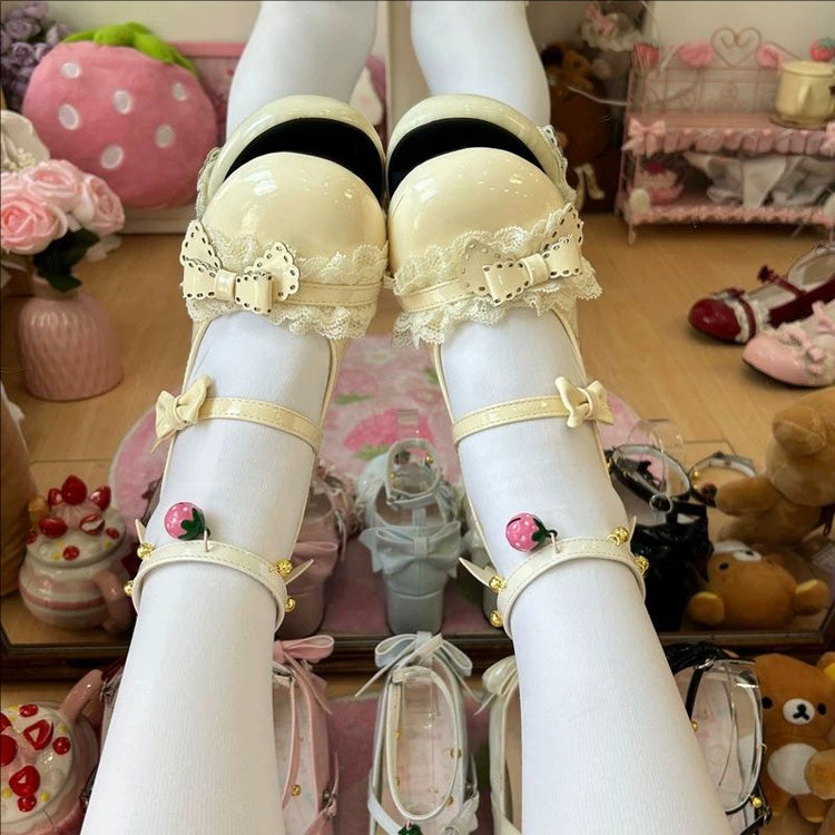 Lace Trim Bow Mary Janes with Ankle Bells - Mid Heel, 6 Tones