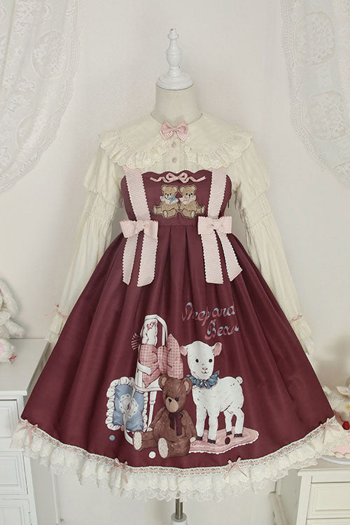 Wine Sheep & Bear Print Alice Girl Bow Ruffled Sweet Lolita JSK Dress - Altfashion Shop