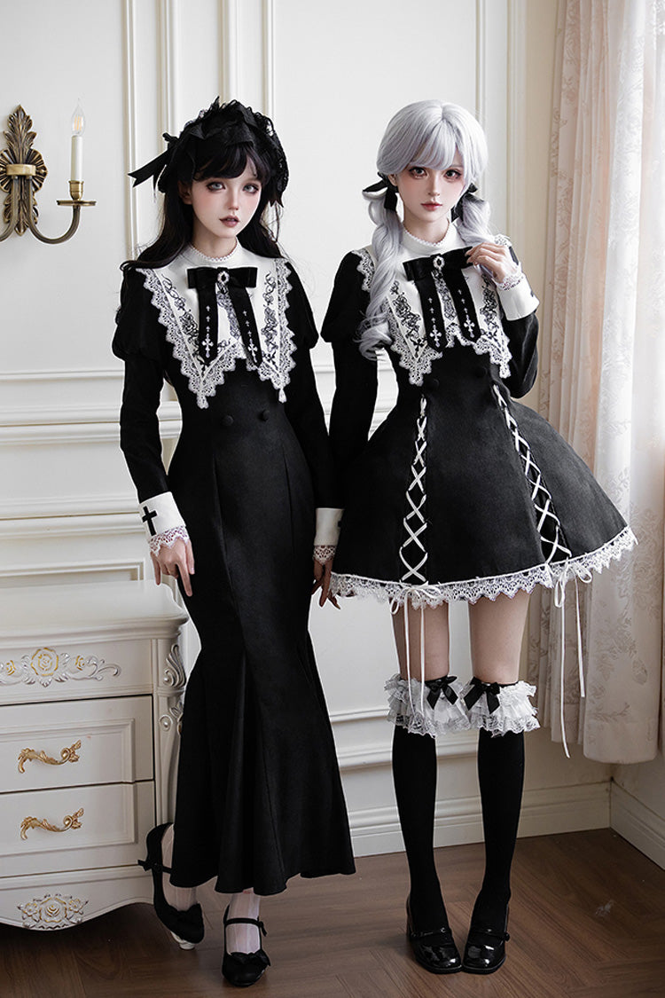 Rose Doll Square Collar Lace-Up Gothic Lolita Dress Set with Bow