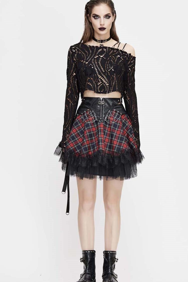 Jet-Black Punk Shirt with Lace-Up Straps and Cutout Collar for Women