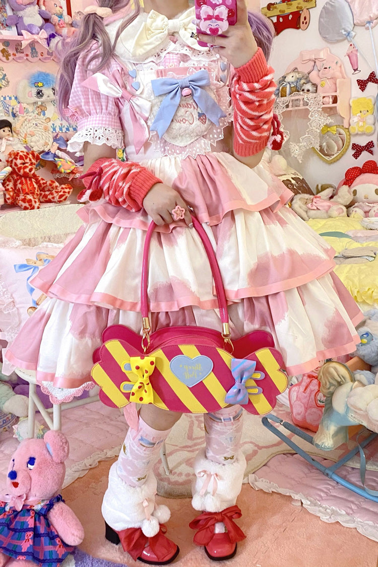 Pink Sleeveless Cow-Print Triple-Layer Ruffle Bow Sweet JSK Dress