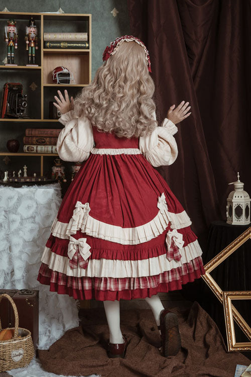 Christmas Bowknot High-Waist Ruffled OP Dress with Lapel Collar