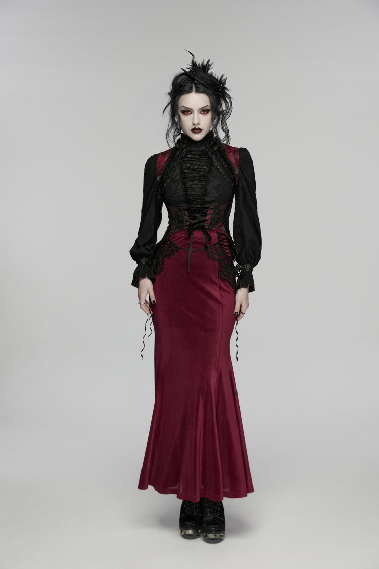 Crimson & Noir Embroidered Lace Lace-Up Fitted Corset Vest for Women