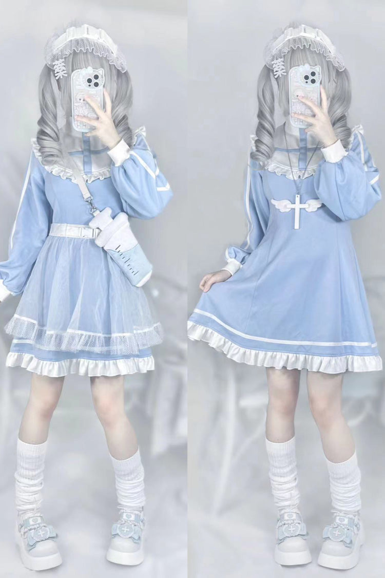 Blue Cross Angel Ruffle Long Sleeve Jirai Kei Dress