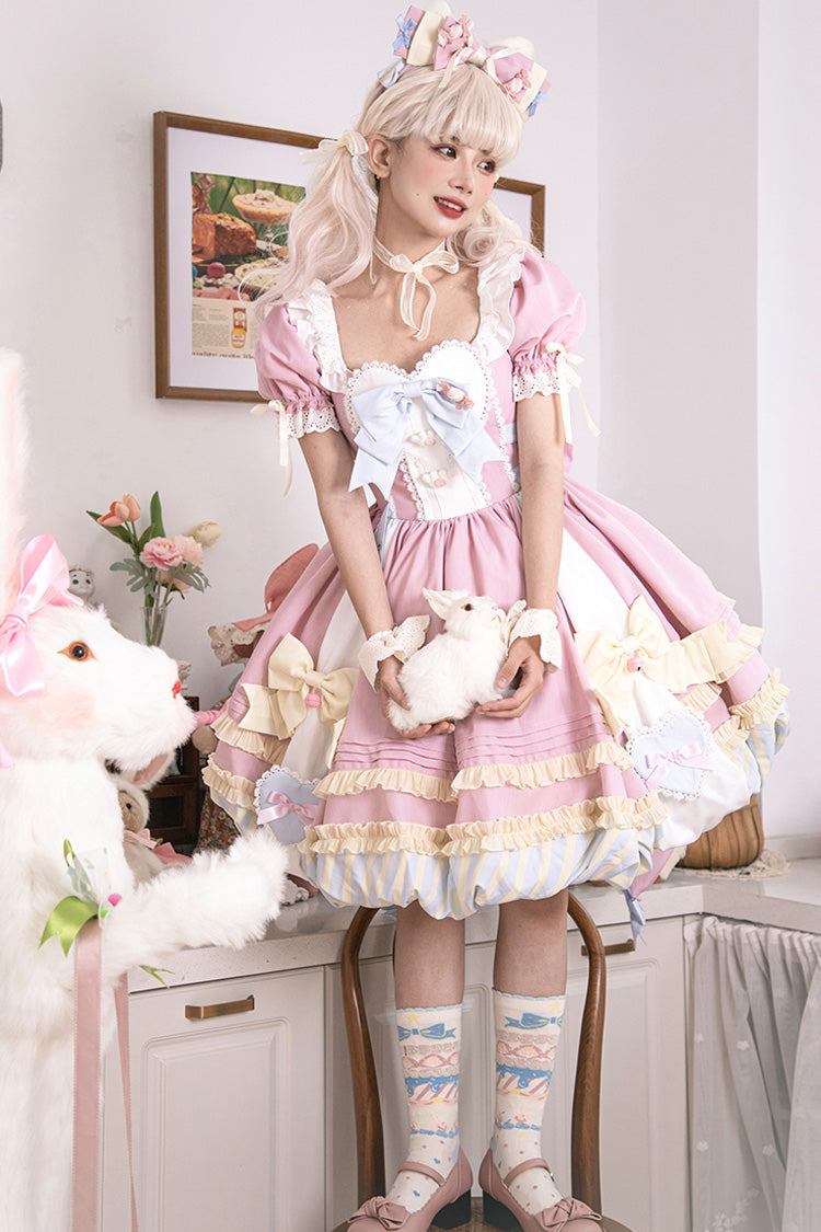 Pink Short Sleeve Print Ruffle Bowknot Lace-Up Sweet Princess Dress Set