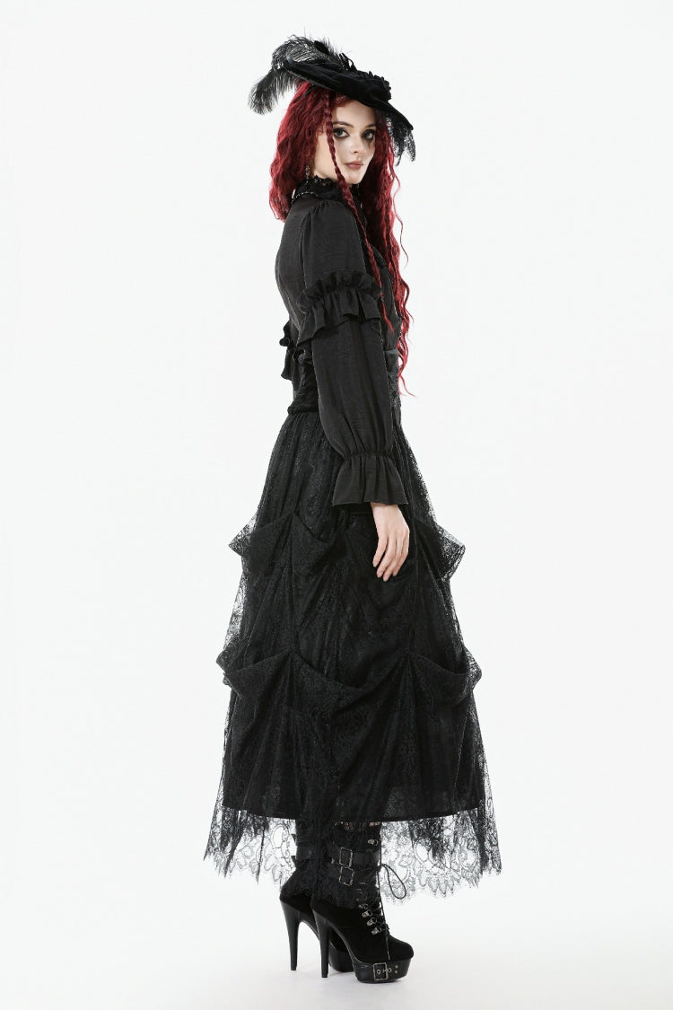Gothic Sheer Blouse with Stand Collar and Lantern Sleeves