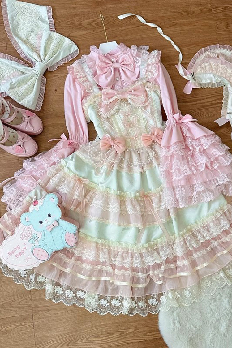 Sweet Lace JSK Dress with Ruffle Bow in Green