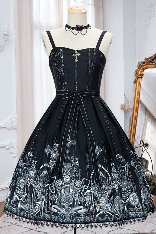 Black Red Heart Eye Print Square Collar Cross High Waist Gothic Lolita JSK Dress - Altfashion Shop