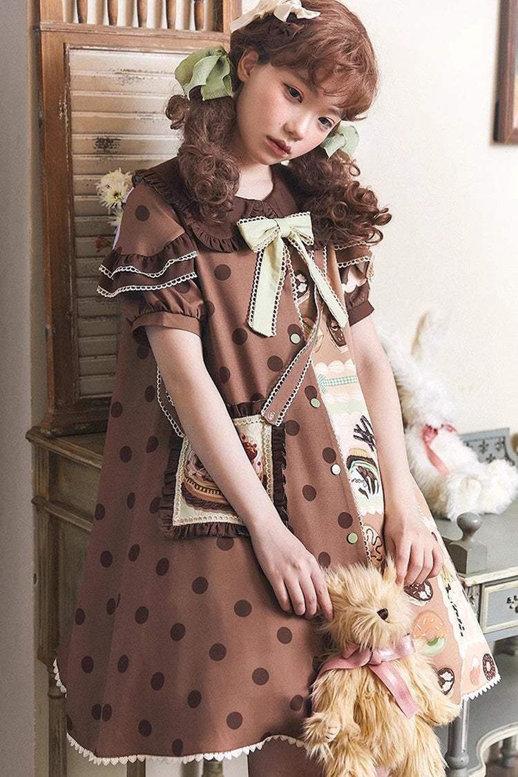 Chocolate Dessert Cake Printed Short Sleeved Ruffled Bow Lolita Dress