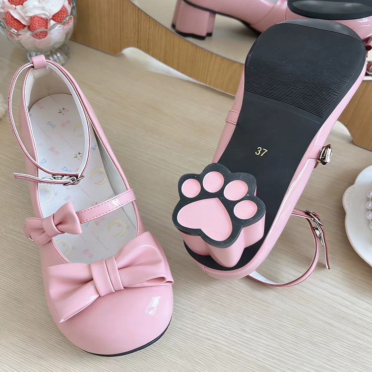 Cat Paw Heel Bow Mary Jane Shoes - Round Toe, 7 Shades