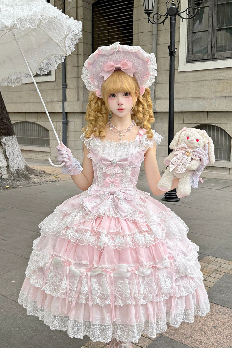 Eternal Floral Message Square Collar Sleeveless Multi-Layered Embroidered Bow Lace Sweet Lolita Jsk Dress - Pink