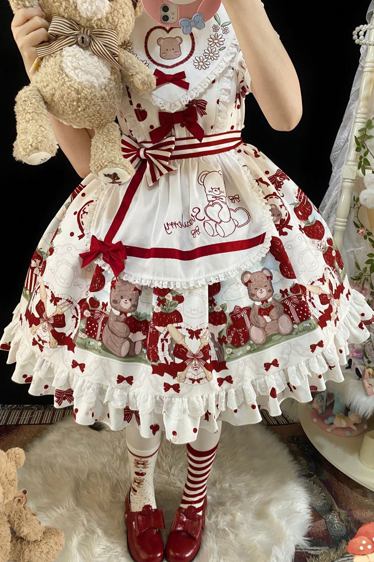 Red White Strawberry Bear Print Ruffle Bow Sweet Plus Lolita Dress