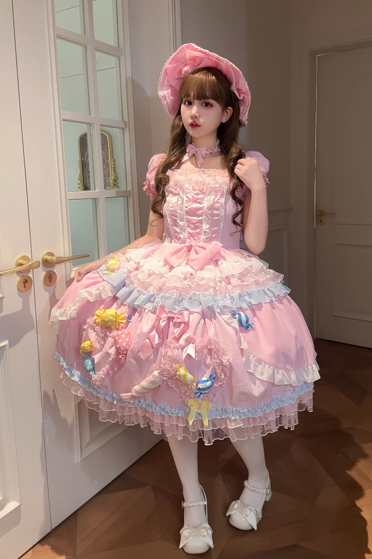 Pink Candy Party Short Sleeves Multi-Tiered Ruffled Bow Lace Lace-Up Sweet Lolita Dress