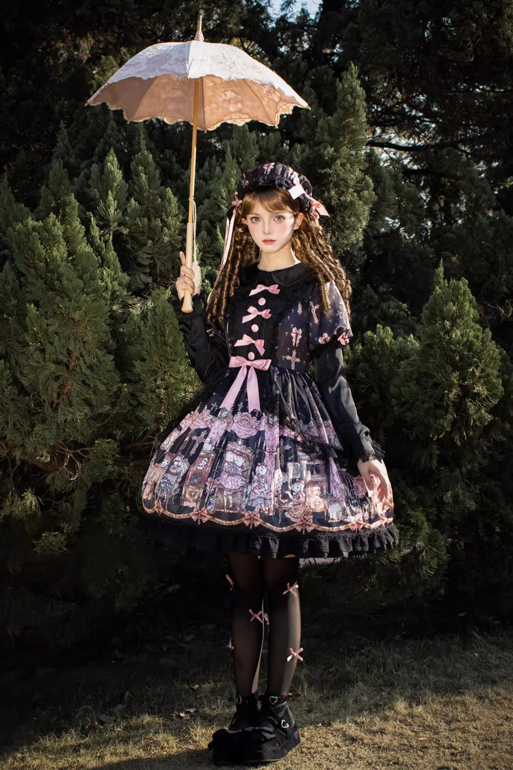 Black Missing Lamb Printed Long Sleeved Ruffled Bow Lace Gothic Lolita Dress