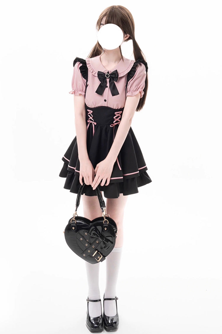 First Sakura Short Sleeves Multi-layer Lace-Up Sweet Jirai Kei Japanese Set - Black/Pink