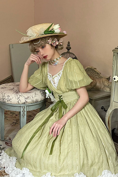 Green Square Collar Short Sleeve Multi-Layer Ruffled Classic Lolita OP Dress - Altfashion Shop