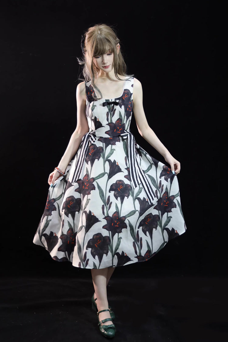 Ivory Square Neck Sleeveless Black Lily Print Bow Gothic Lolita JSK