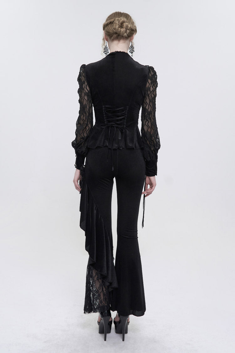 Charcoal Velvet High-Neck Lace Gothic Shirt with Butterfly Embroidery