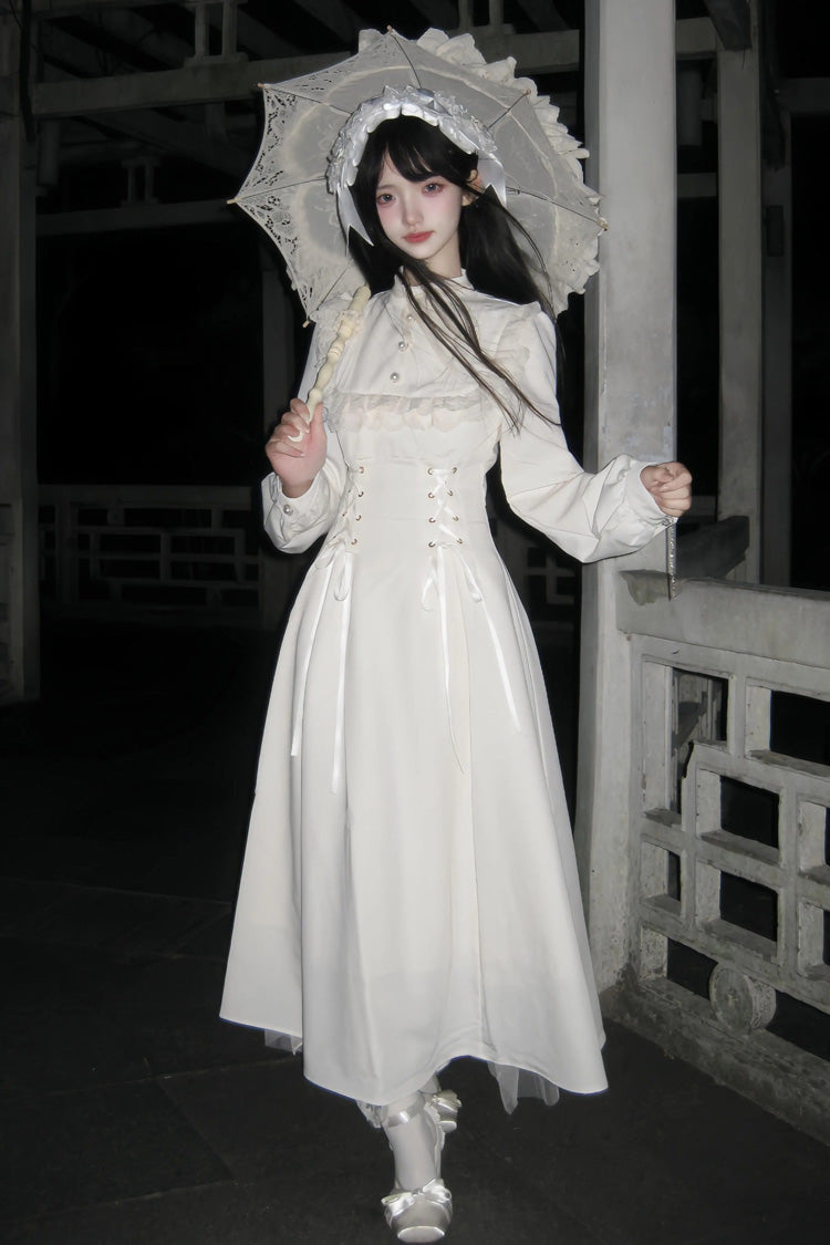 Gothic Apricot Stand Collar Long Sleeve Ruffled Lace-Up Midi Lolita Dress