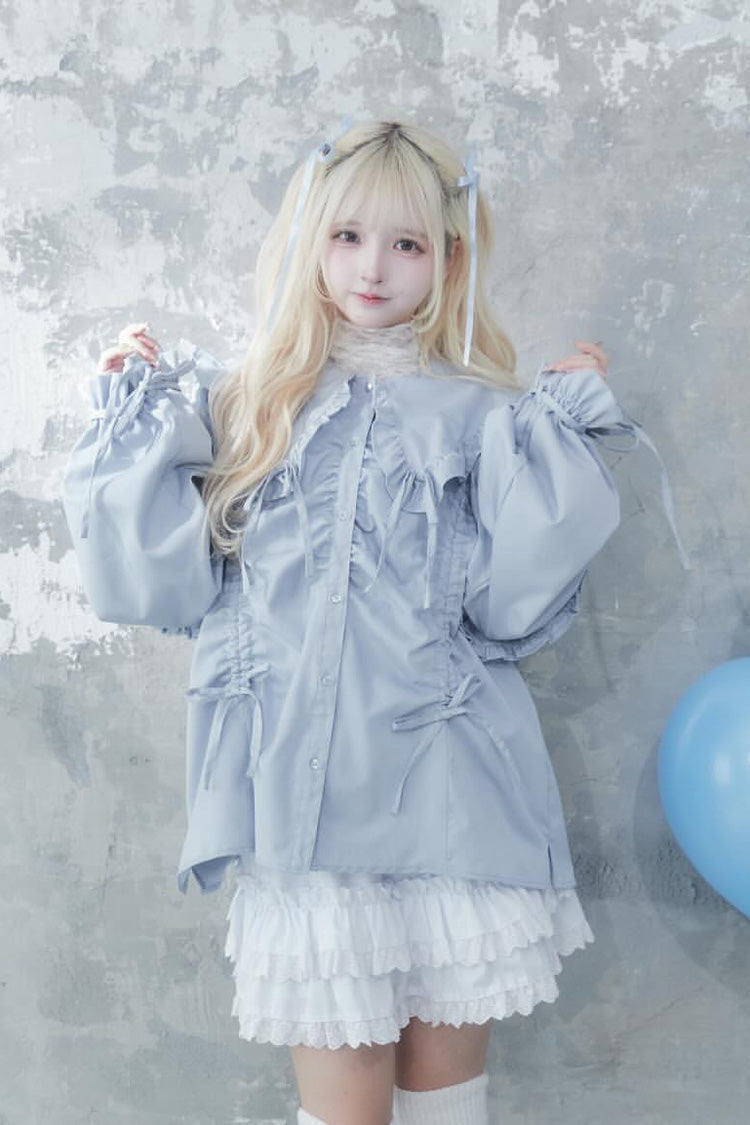 Japanese Blouse with Doll Collar, Long Sleeves, Ruffles, and Bow, 3 Colors