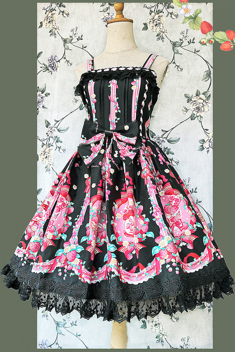Sleeveless Bowknot Lace Sweet JSK with Print - Strawberry Chef