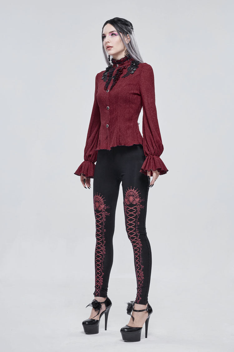 Crimson High Neck 3D Embroidered Lantern Trumpet Gothic Shirt