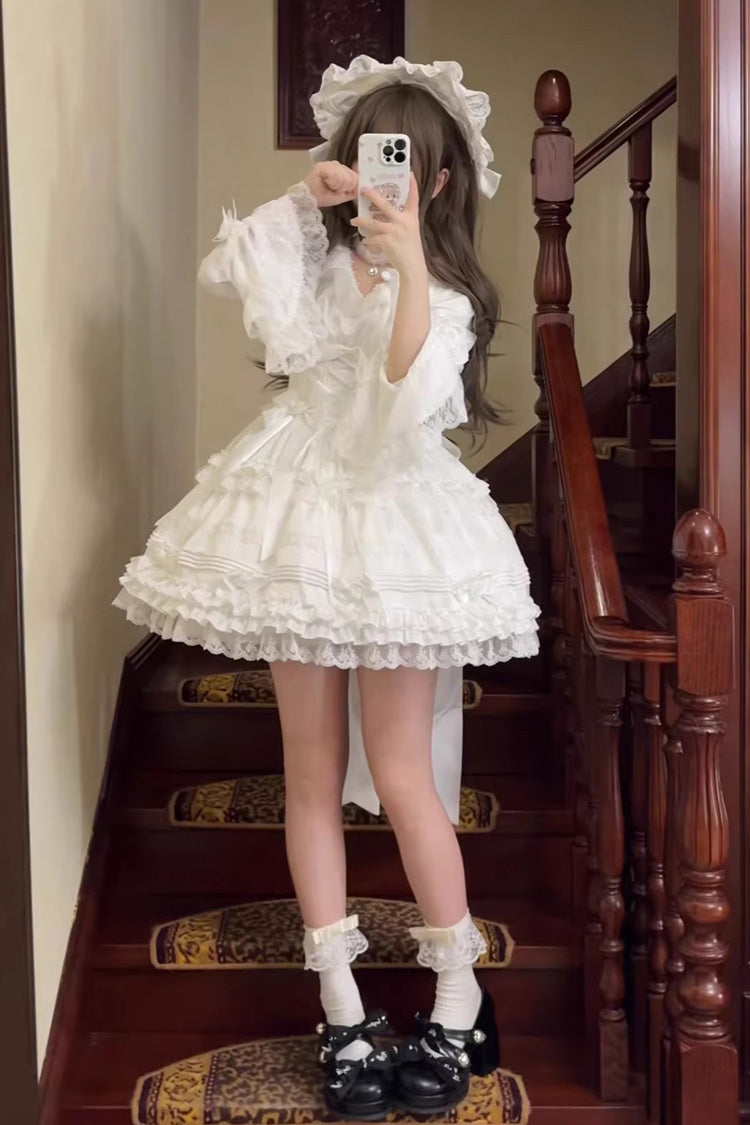 Ivory Layered Frosting Ruffle Bow Lace Sweet Dress