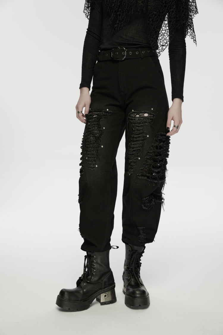 Decadent Denim Pants with Rips and Eyelets for Women
