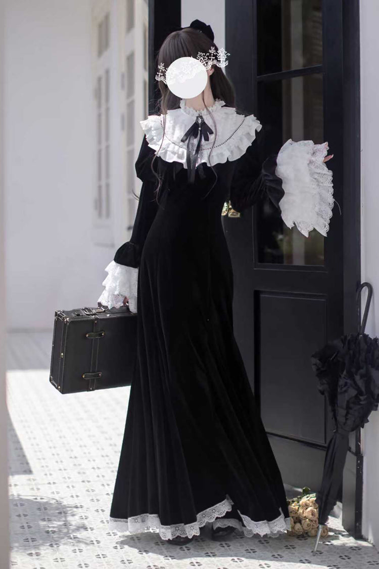 Velvet Hime Sleeve Ruffle Bowknot Gothic Lolita Fishtail Dress Black