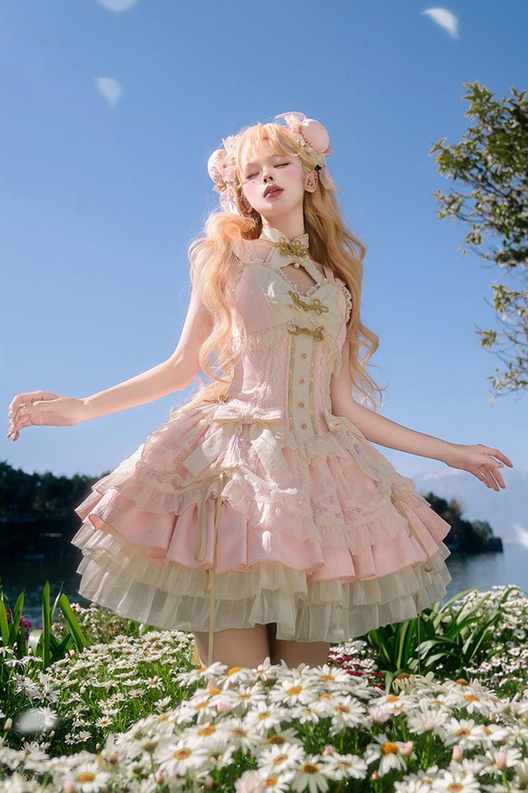 Blush White Pear Fantasy Multi-Layer Ruffle Lace Sweet Oriental Princess Jumper Dress