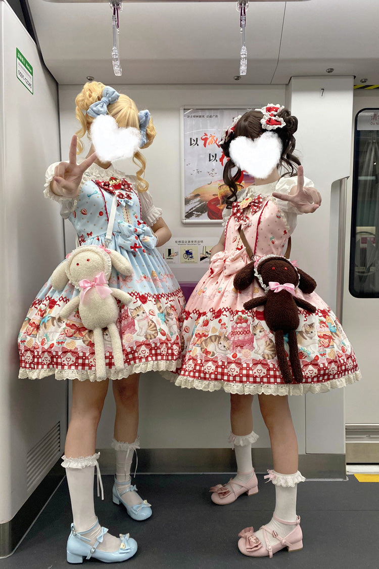 Sleeveless Bow Lace Sweet Lolita Strap Dress with Print - Strawberry Cake Kitty