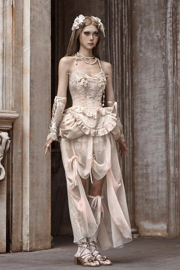Gothic Apricot V-Collar Sleeveless High-Waist Ruffle Lace Corset Skirt Set