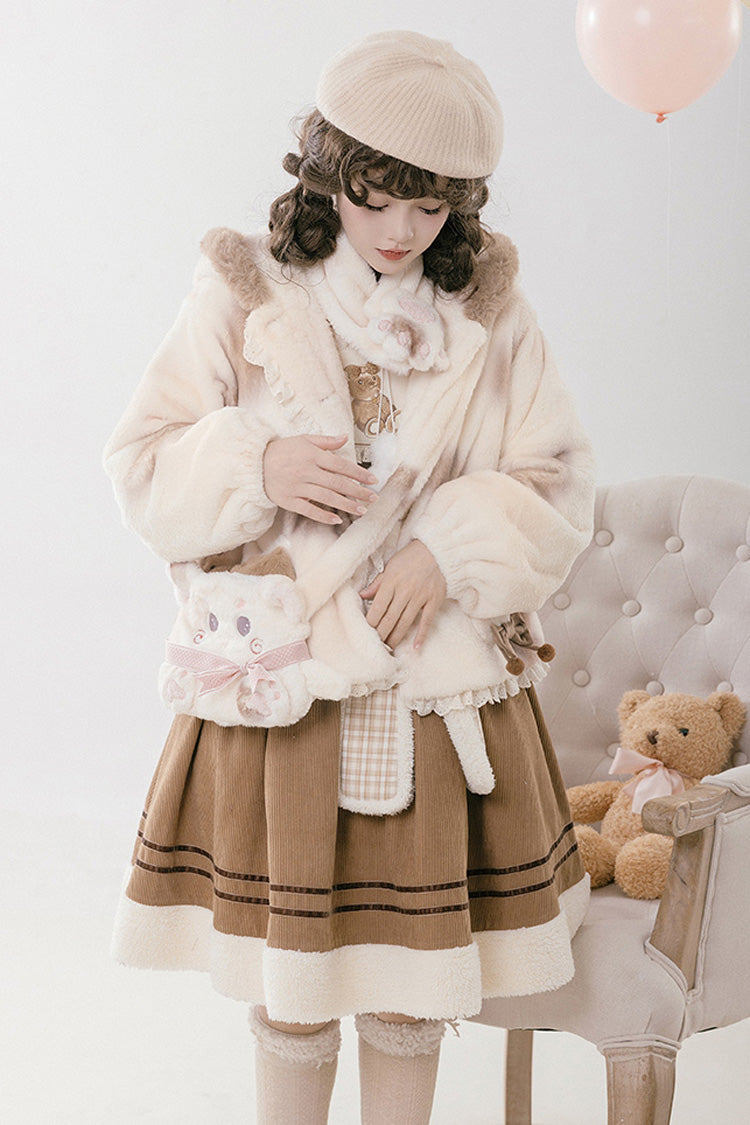 Cream Mocha Bear Print Hooded Bow Sweet Lolita Coat