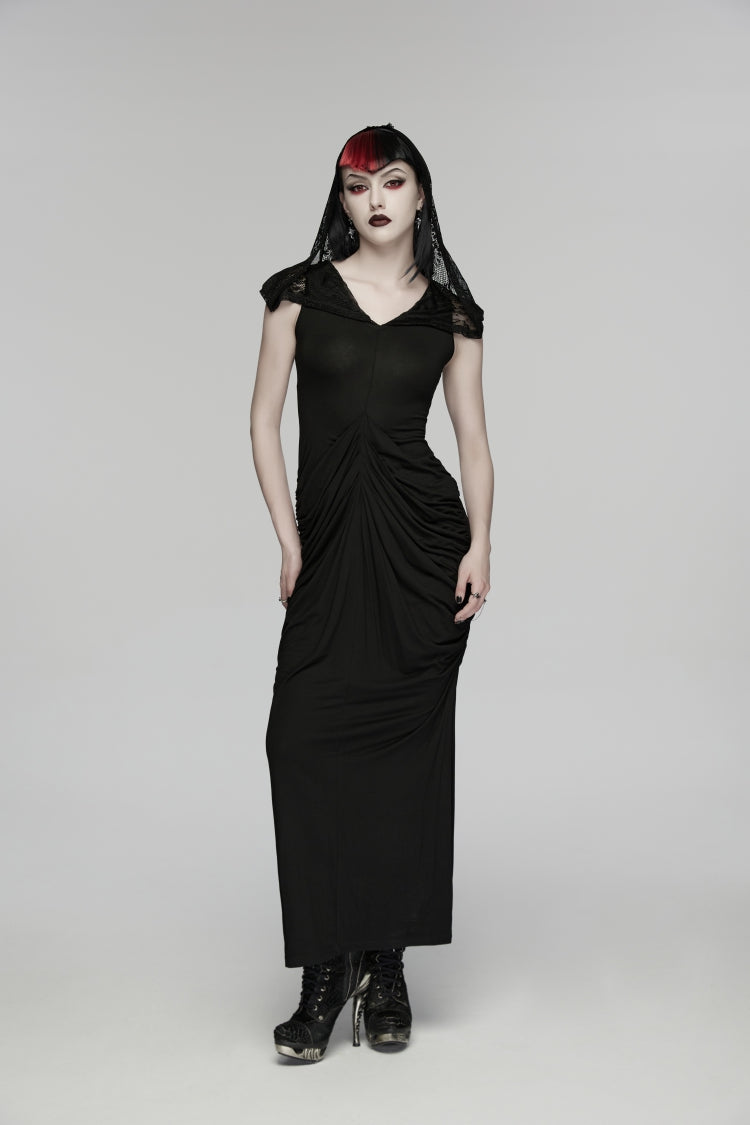 V Collar Short Puff Sleeves Cut-Out Lace Pleated Gothic Wedding Dress
