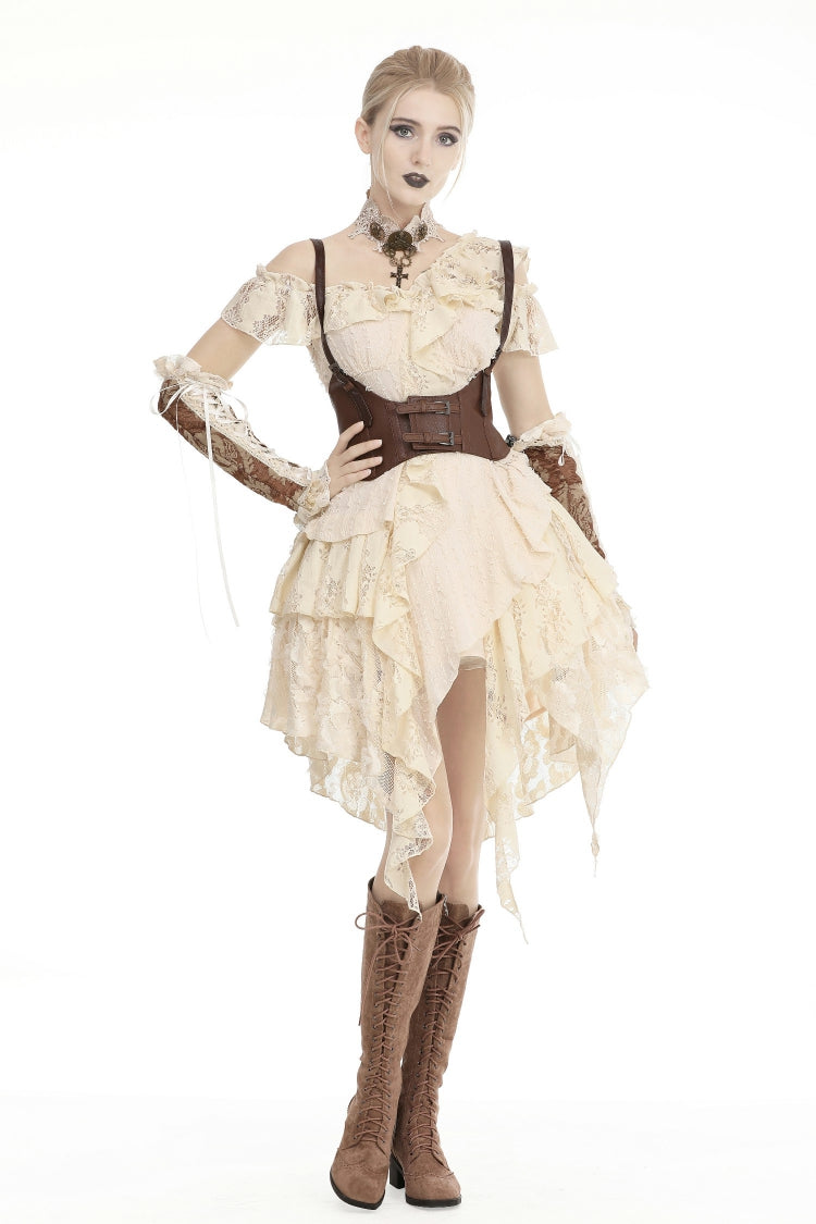 Beige Irregular Multi-Layer Ruffled Lace Steampunk Vintage Dress