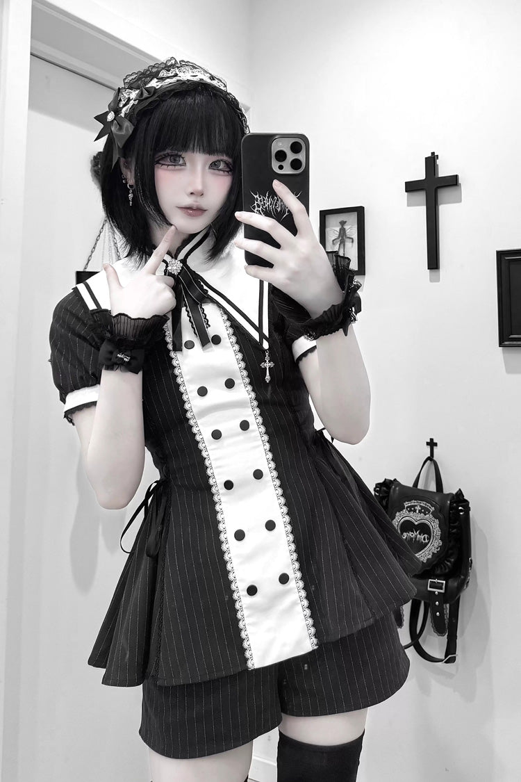 Offbeat Confession Printed Ruffled Bow Gothic Jirai Kei Dress Shorts Set