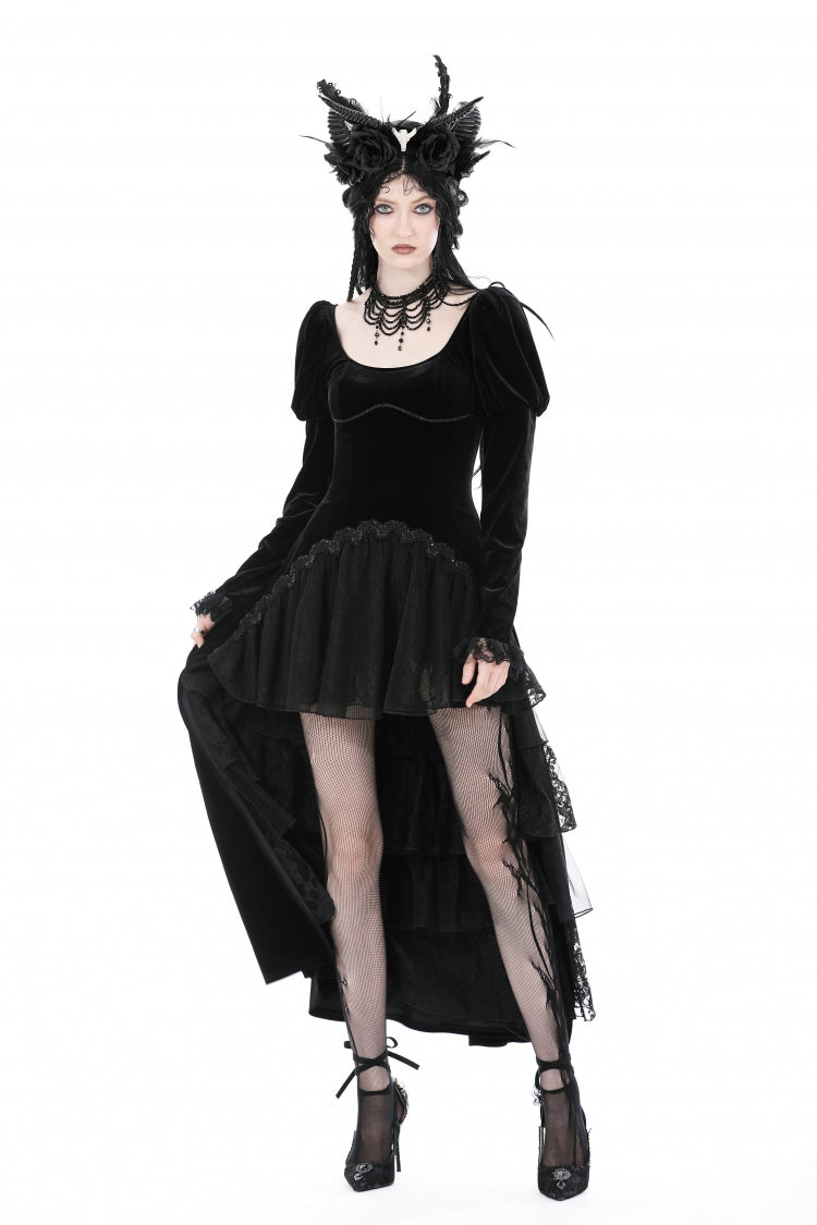 Ink Crewneck Long Puff-Sleeve Lace Hem High-Low Velvet Gothic Wedding Dress for Women