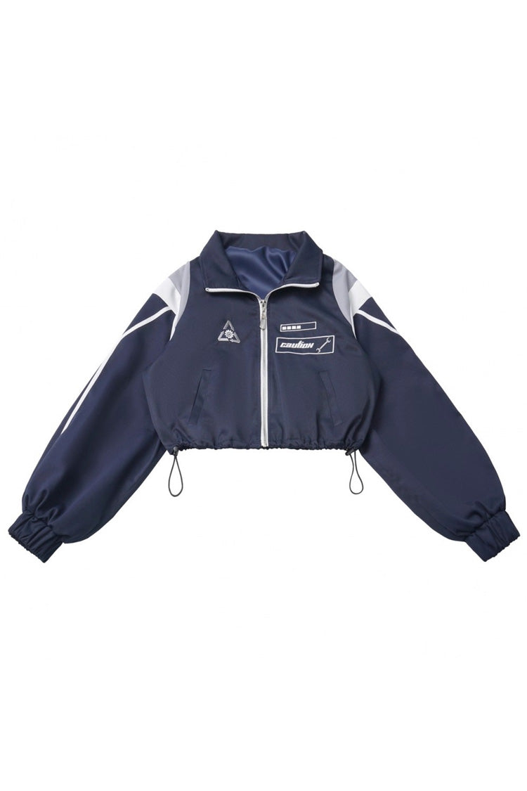 Blue/White Message Overload Techwear Long Sleeves Embroidered Asymmetric Zippered Jirai Kei Dress & Coat Set