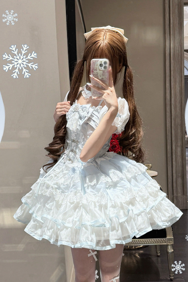 Ice Dance White Blue Short Sleeves Multi-Layered Ruffle Embroidery Bowknot Lace Sweet Dress